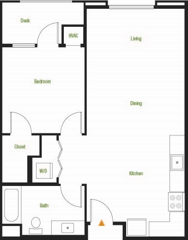 Floor plan for 1 bed, 1 bath, 728 sqft